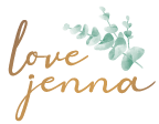 Signature that says "love jenna" in gold. A group of green pastel leaves are in the upper right hand corner.